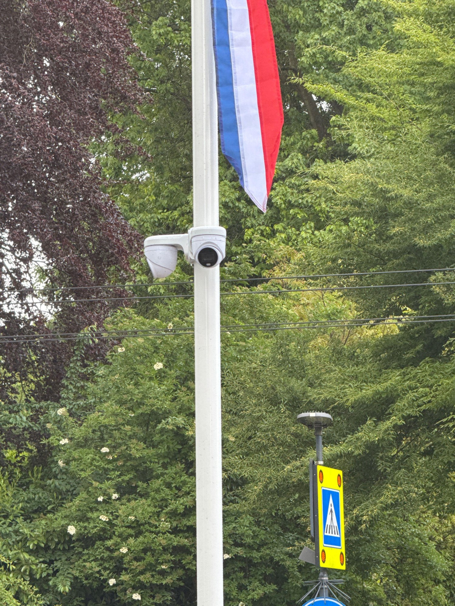 Twee witte camera&rsquo;s aan een witte vlaggenmast, met de Nederlandse vlag erboven en groen erachter