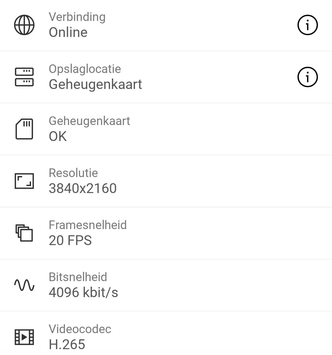 Schermafbeelding van de Ajax-app met de instellingen van een camera