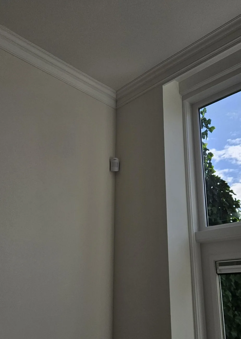 Kleine witte Ajax-bewegingsmelder hoog in de hoek van een woonkamer in Amsterdam, vlak onder de sierlijst