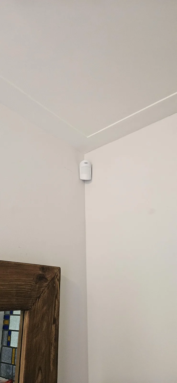 Witte Ajax-bewegingsmelder in de hoek bij het plafond, boven een spiegel