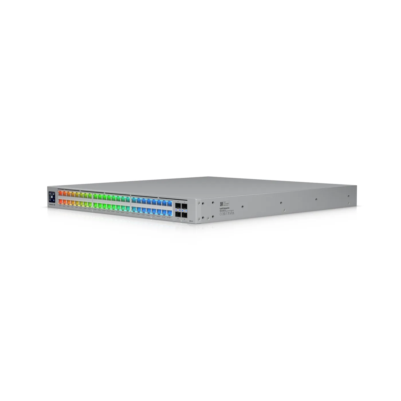 UniFi ECS-48S-PoE, een 48-poorts PoE-switch met gekleurde poortverlichting, schuin van voren