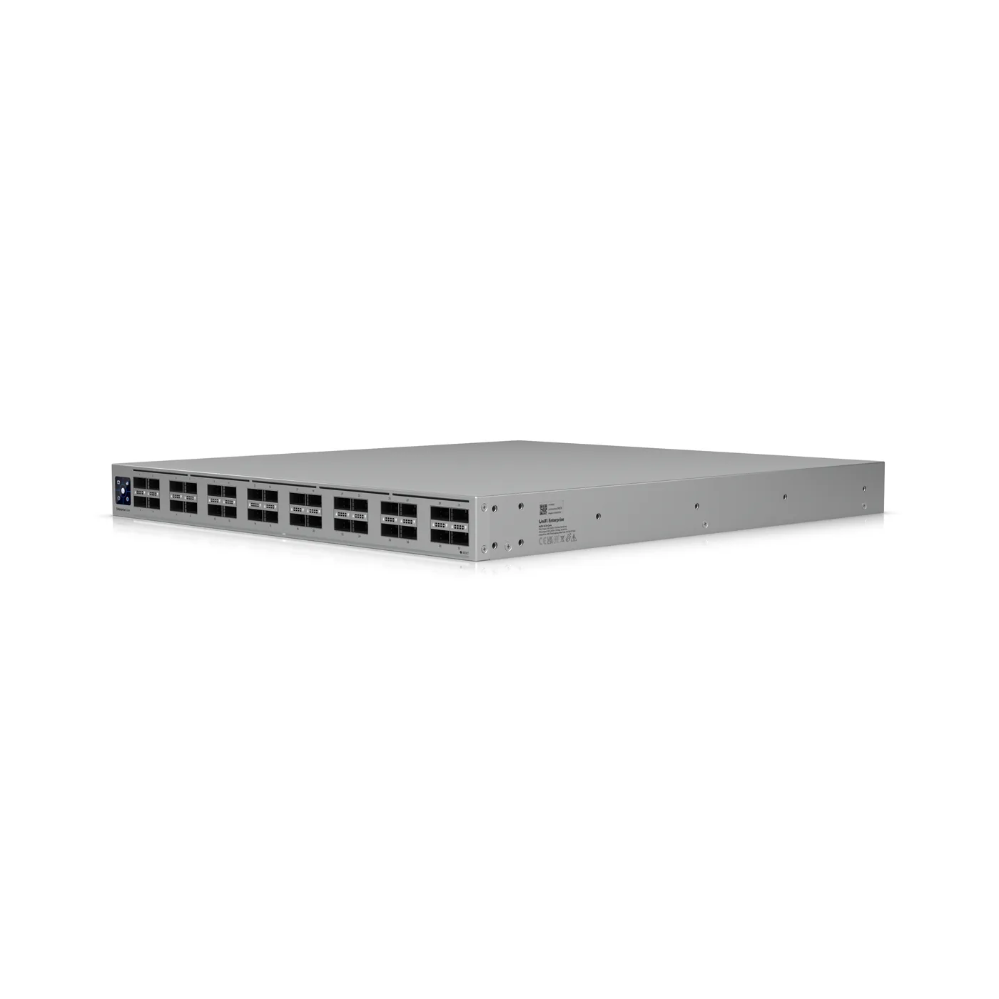 UniFi Enterprise Campus Switch Core, een grijze 19-inch switch van 1U met 32 poorten voor 100 gigabit glasvezelmodules, schuin van voren