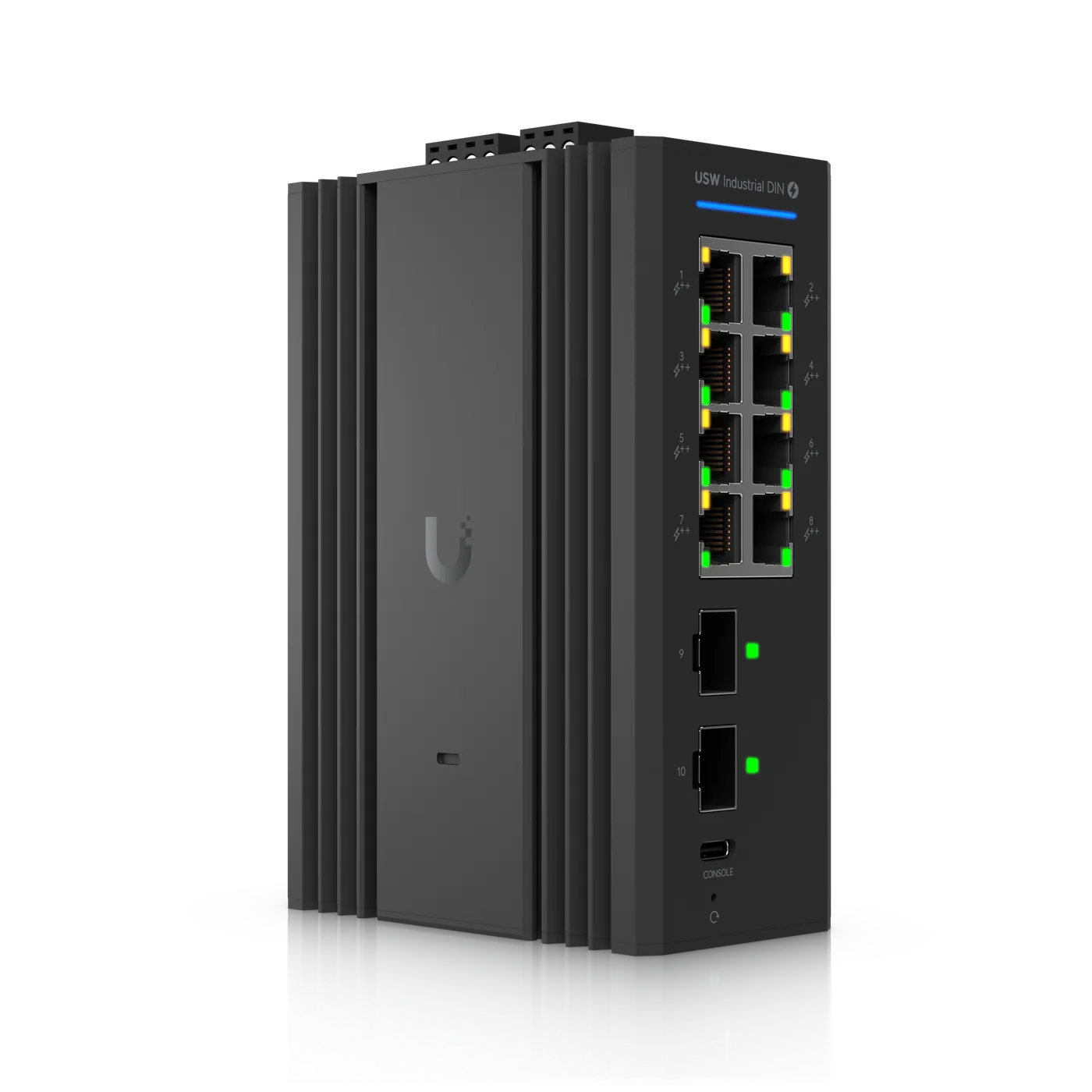 UniFi USW-Industrial-DIN-8-PoE, een zwarte aluminium switch voor op een DIN-rail met acht netwerkpoorten en twee glasvezelpoorten