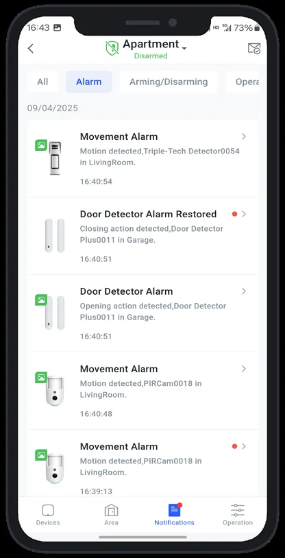 Meldingenlijst van het AirShield-alarm in de DMSS-app