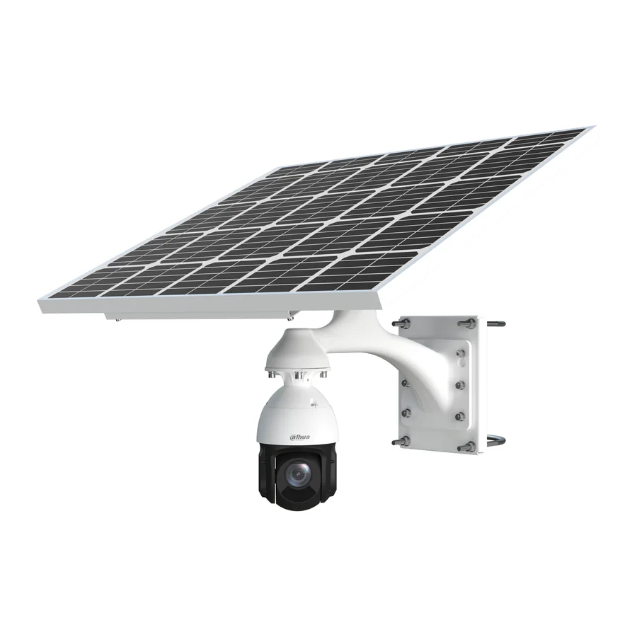 Dahua-kit met zonnepaneel PFM378-B125-CB en een PTZ-camera aan een paalbeugel