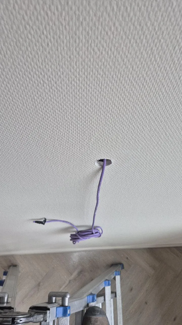 Paarse datakabel die uit het plafond komt, klaar voor de montage van een access point