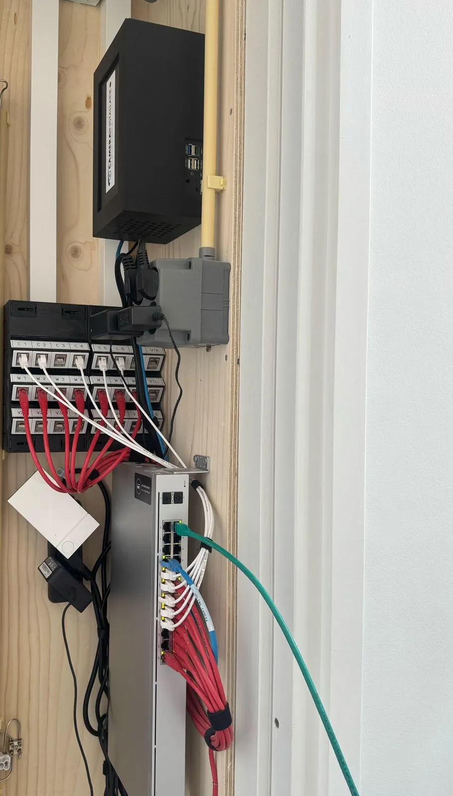 Meterkast met bovenin een zwarte NX-server, daaronder een patchpaneel met rode en witte kabels en een grijze UniFi-switch