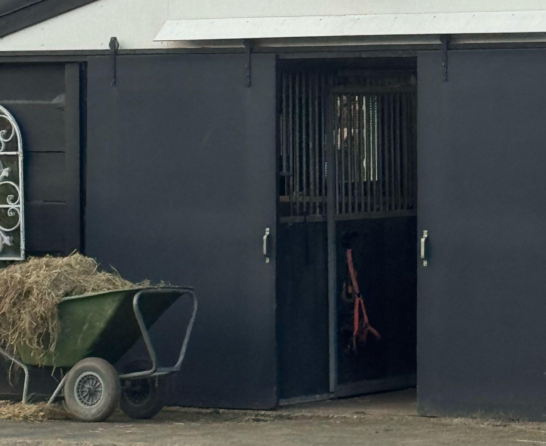 Open zwarte staldeur met een kruiwagen vol hooi ervoor