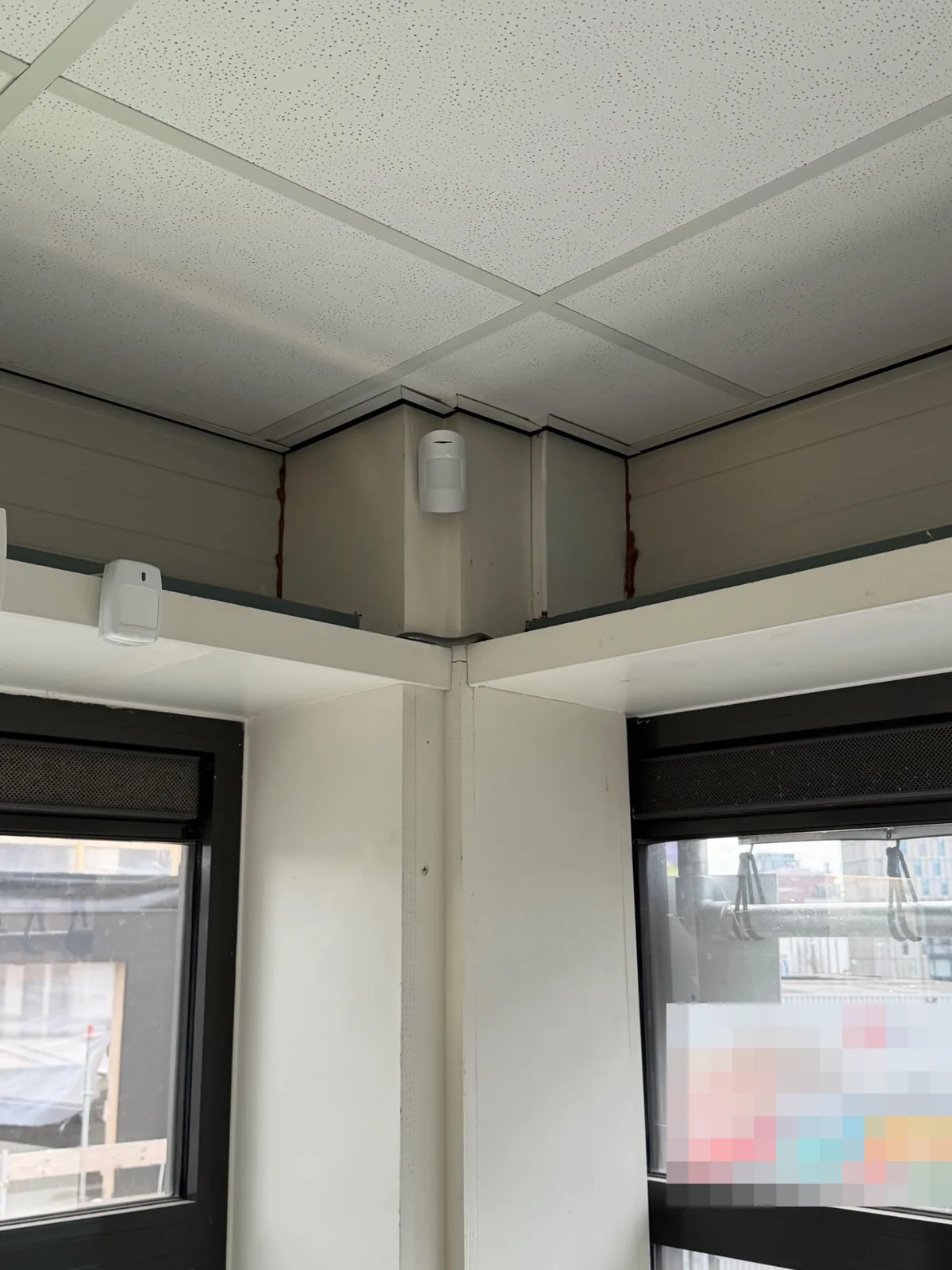 Twee witte Ajax-bewegingsmelders in de hoek onder een systeemplafond, boven twee ramen