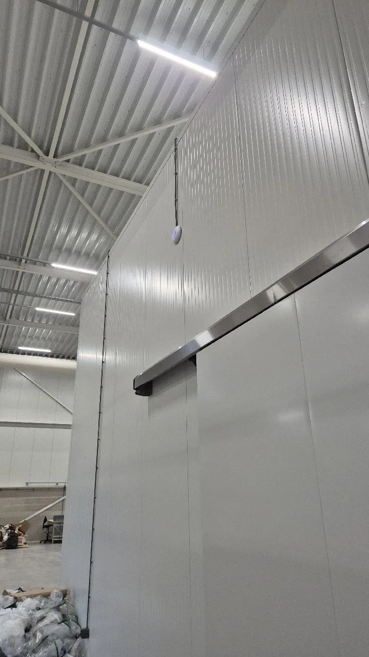 UniFi-access point hoog aan de paneelwand van een koelcel, boven de rail van de schuifdeur