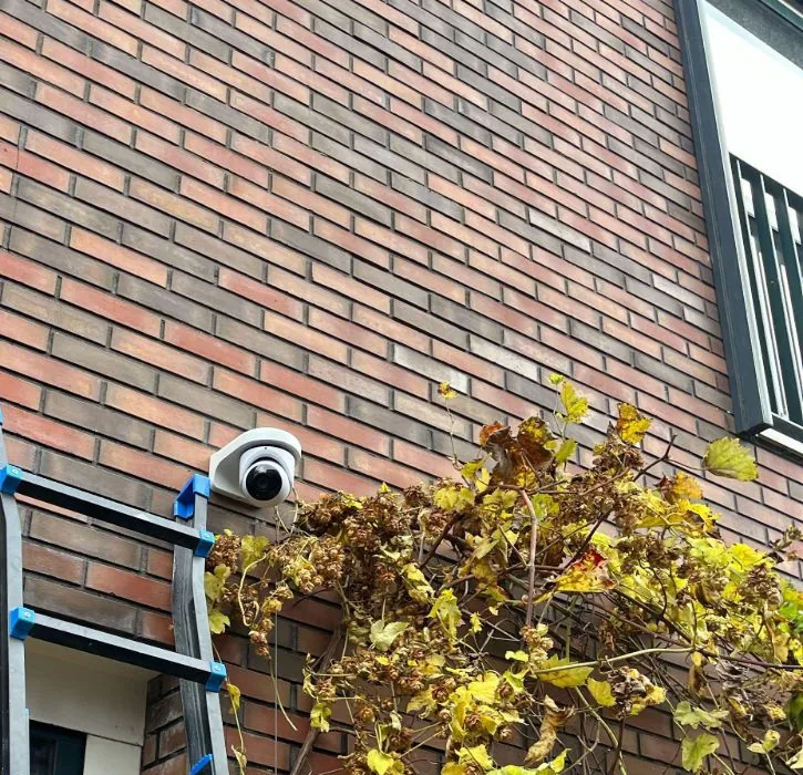 Witte UniFi-domecamera van dichtbij op een bakstenen gevel, met klimop ernaast