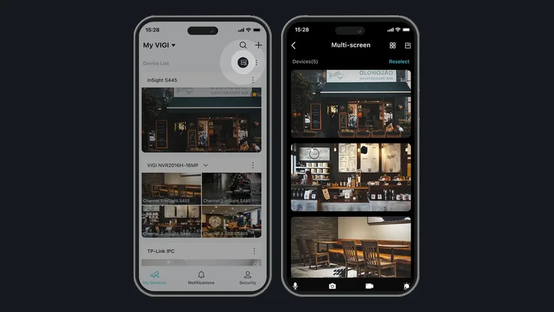 Twee telefoons met de VIGI-app: links de lijst met camera’s en recorders, rechts meerdere beelden tegelijk