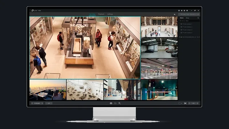 VIGI Security Manager op een monitor met acht camerabeelden tegelijk