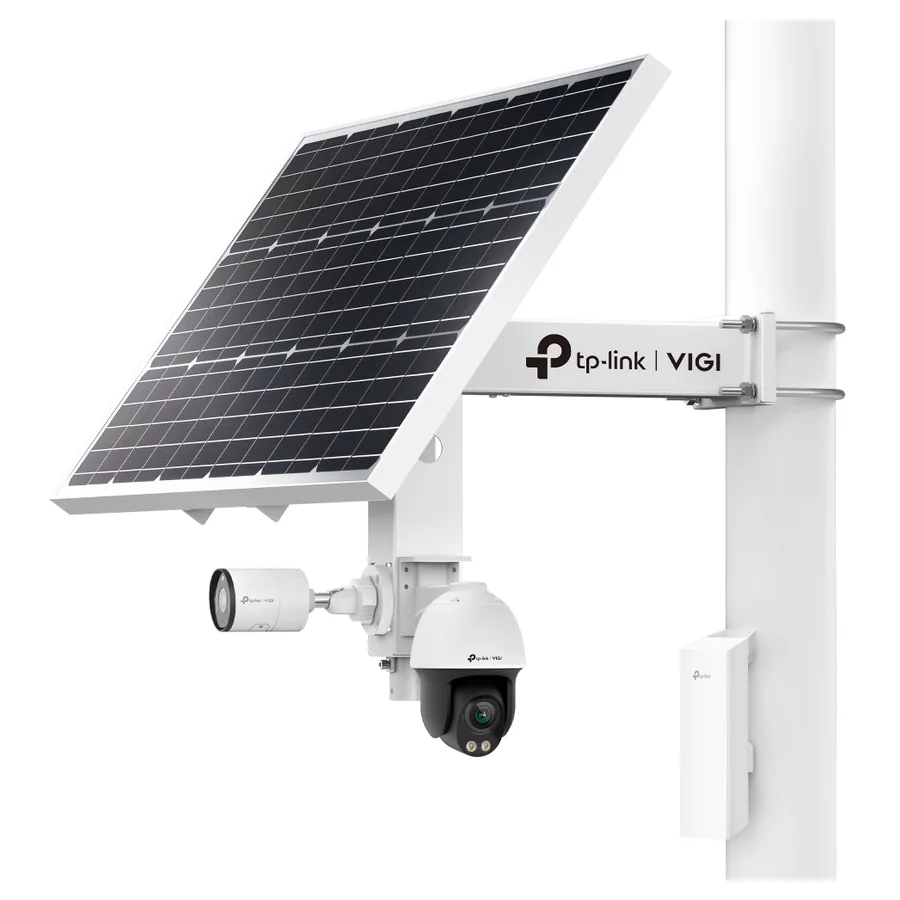 VIGI SP9030: zonnepaneel met accu aan een paal, met een bulletcamera, een PTZ-camera en een draadloze brug