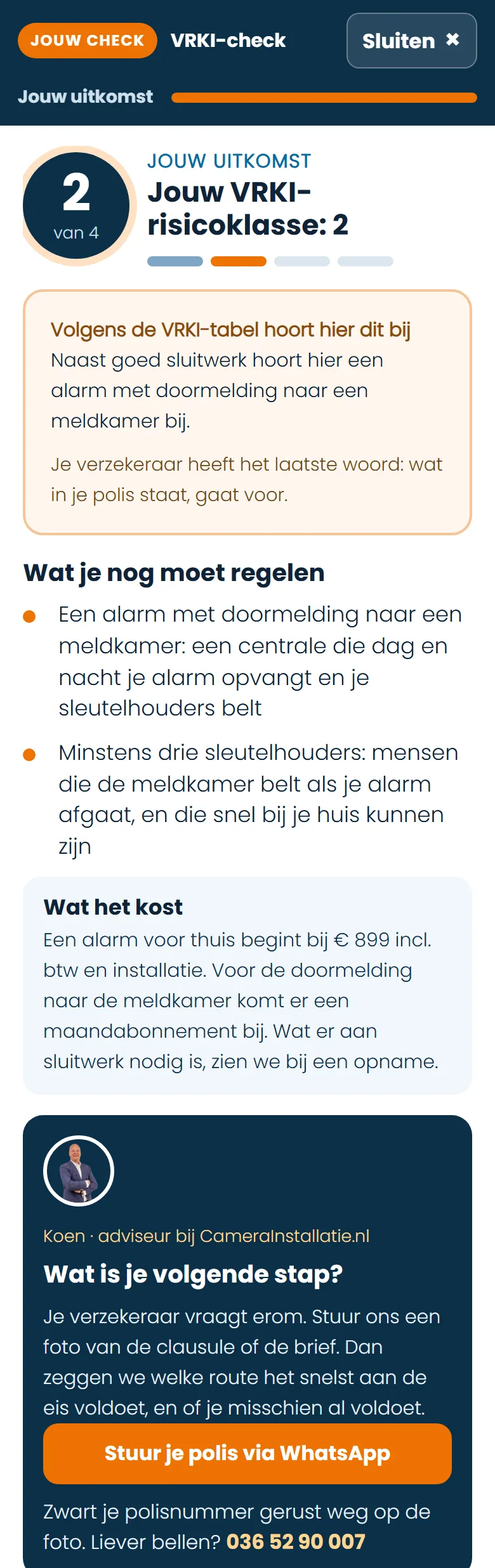 Voorbeeld van een uitkomst: risicoklasse 2 van 4, wat je nog moet regelen, wat het kost en de volgende stap met een adviseur